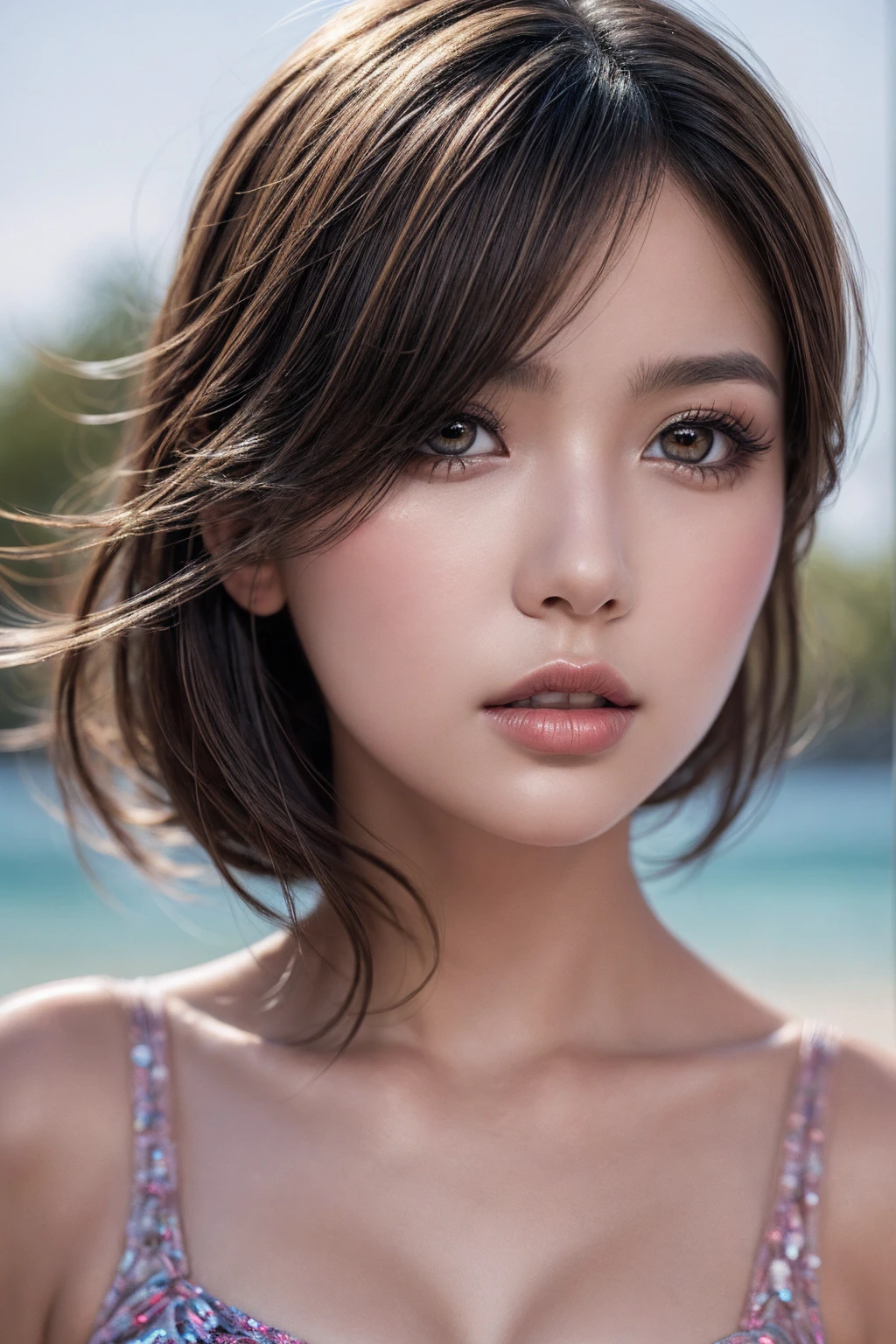 (8K, HDR, highres), ((((Photography, RAW photo, hyperrealism, masterpiece, best quality, ultra highres)))), (pin light, back light, backlighting, cinematic light), sharp focus:1. 4, (hyper detail, finely detailed), face close-up, close-up,
1girl, A face shaped like an egg, with large and beautiful cat-like eyes, a cute and button-like nose, small and pretty plump lips, thick eyebrows and long and beautiful eyelashes. The overall makeup is transparent, with a touch of pink on the cheeks and sparkling lip gloss. The hairstyle is long with wavy waves.
