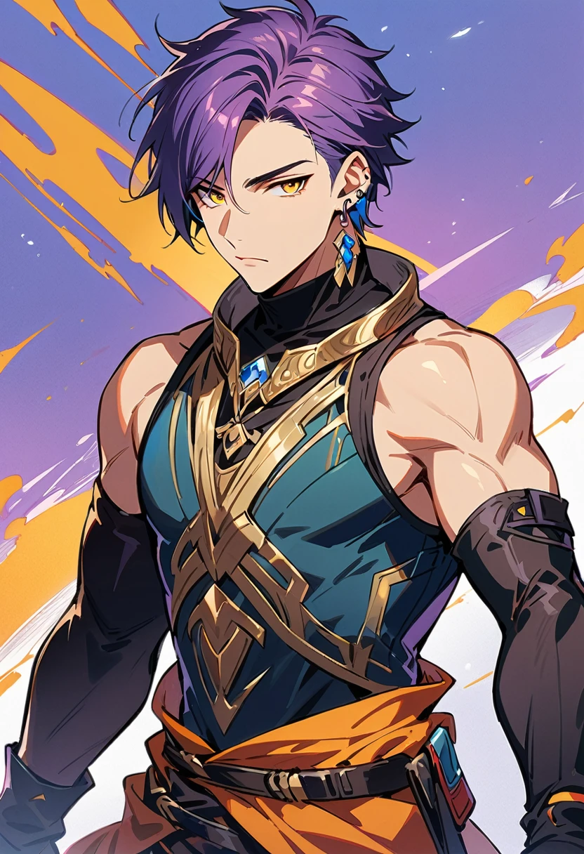 masterpiece, best quality,1 boy, male focus, alone, Gloves, sleeveless shirt, purple hair, yellow eyes, sleeveless, Bangs, black Gloves, fingerless Gloves, swept Bangs, bare shoulders, short hair, elbow Gloves, muscle, ((((((jewelry, earrings)))))), adventure clothes, fantasy design, fantasy style