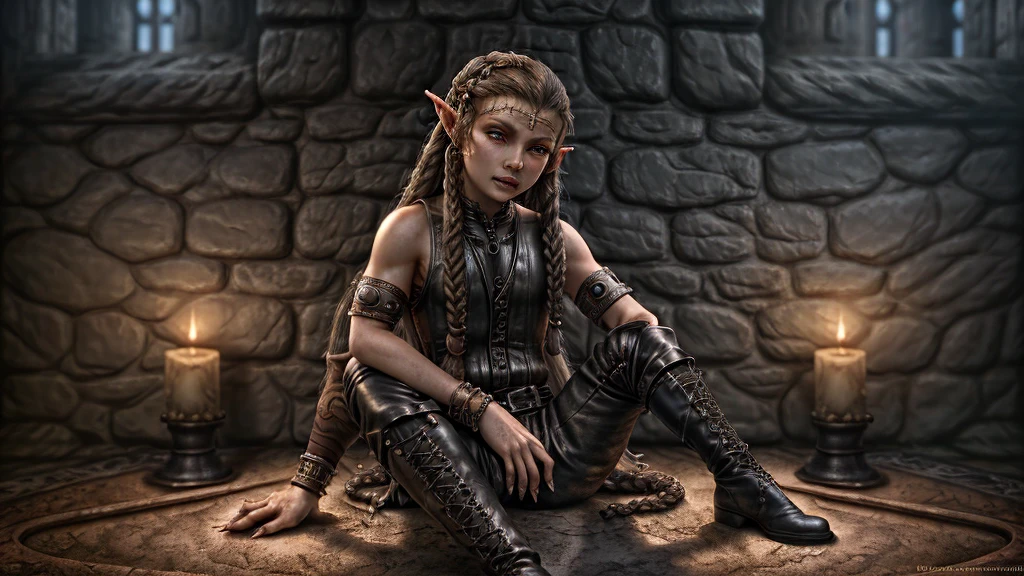 Young warrior, elf, claws on feet and hands, pointy ears, leather pants and boots, Medieval clothes and atmosphere, leather bracelet on the arms, long hair with braids
