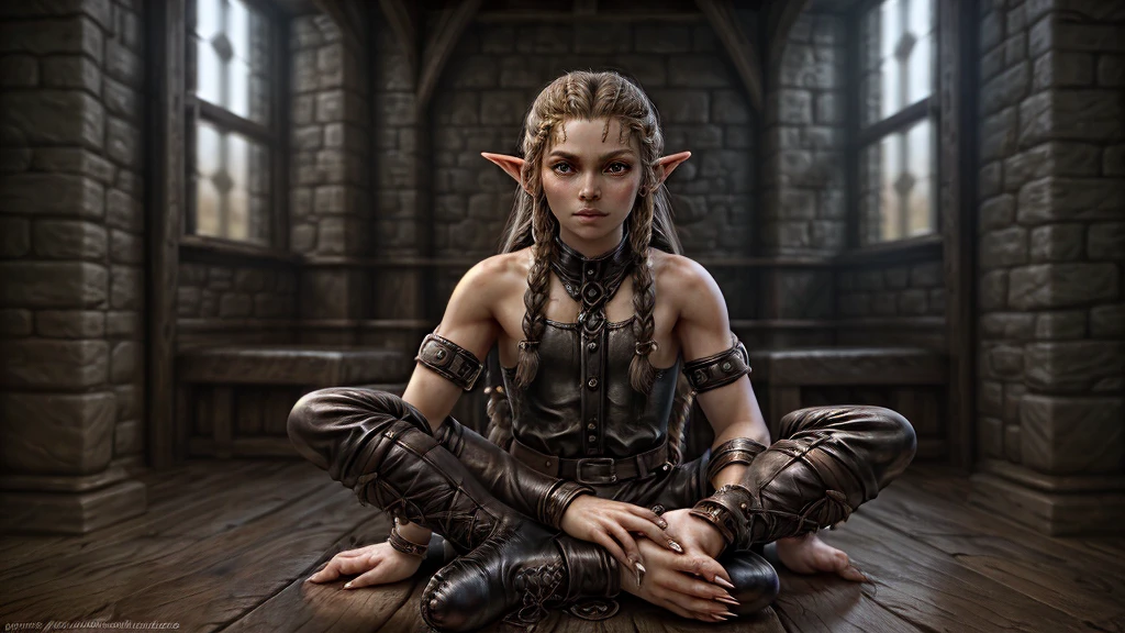 Young warrior, elf, claws on feet and hands, pointy ears, leather pants and boots, Medieval clothes and atmosphere, leather bracelet on the arms, long hair with braids
