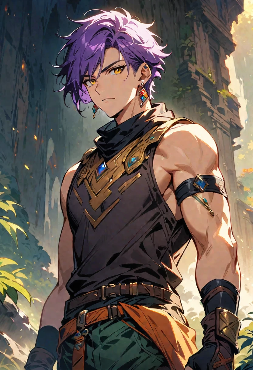 masterpiece, best quality,1 boy, male focus, alone, Gloves, sleeveless shirt, purple hair, yellow eyes, sleeveless, Bangs, black Gloves, fingerless Gloves, swept Bangs, bare shoulders, short hair, elbow Gloves, muscle, ((((((jewelry, earrings)))))), adventure clothes, fantasy design, fantasy style