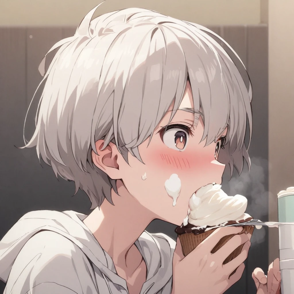 Boy, blushing, white hair, dark brown eyes, eating, cream, solo, cream on face, oral, innocent, short hair 