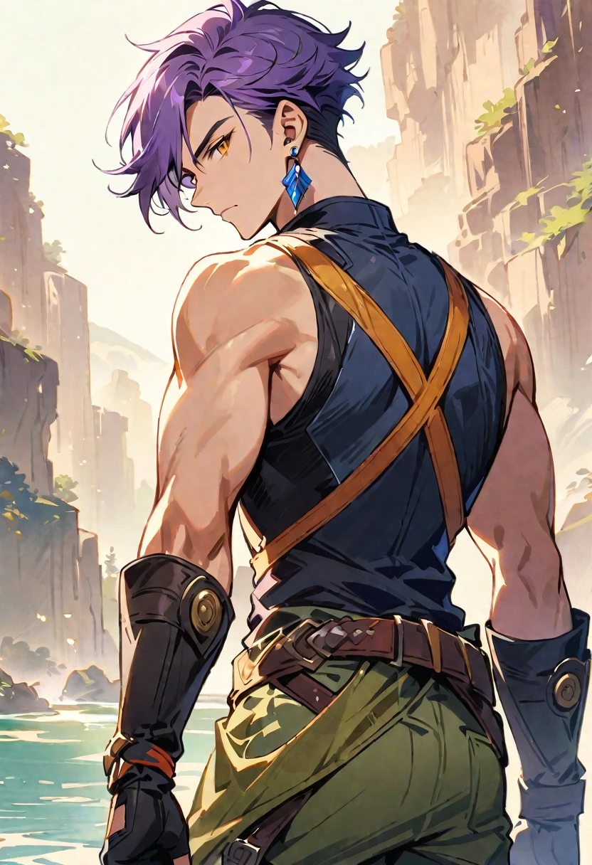 masterpiece, best quality,1 boy, male focus, alone, Gloves, sleeveless shirt, purple hair, yellow eyes, sleeveless, Bangs, black Gloves, fingerless Gloves, swept Bangs, bare shoulders, short hair, elbow Gloves, muscle, ((((((jewelry, earrings)))))), adventure clothes, fantasy design, fantasy style