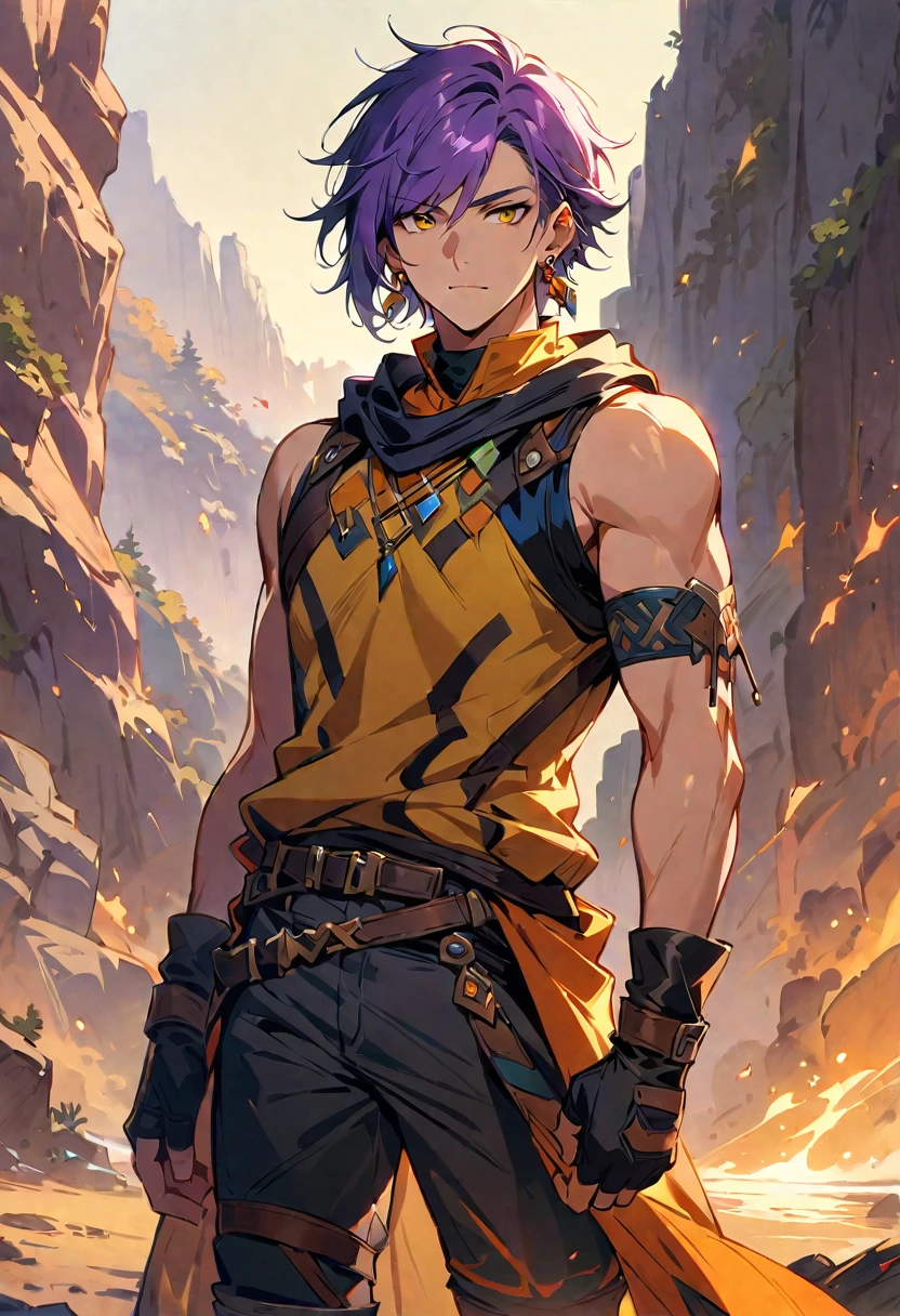 masterpiece, best quality,1 boy, male focus, alone, Gloves, sleeveless shirt, purple hair, yellow eyes, sleeveless, Bangs, black Gloves, fingerless Gloves, swept Bangs, bare shoulders, short hair, elbow Gloves, muscle, ((((((jewelry, earrings)))))), adventure clothes, fantasy design, fantasy style