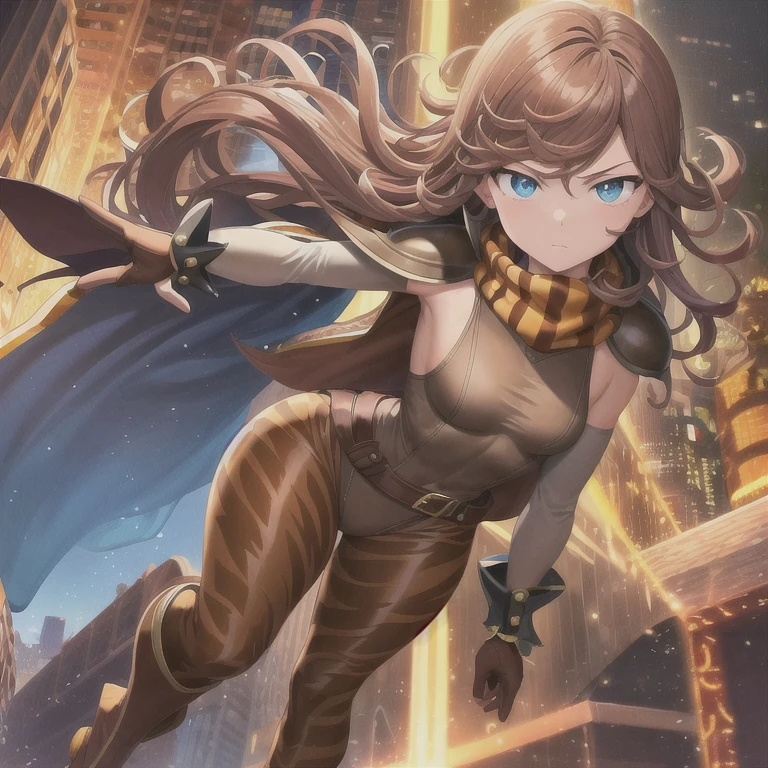 orange eyes light,richly faded light orange hair, anime 1girl, no skirt, brown military boots, pouch on the waist belt, khaki bikini, "black tights", "dark_orange knee pad on right leg",( night city:1.4), black long cloak, (good hand:1.5 ) good legs, (Good face: 1.5), 1girl, best hand, no worst hand. without clothes, in big city, khaki t-shirt, best face, very good face, hyper detail, colorful, nsfw:1.5