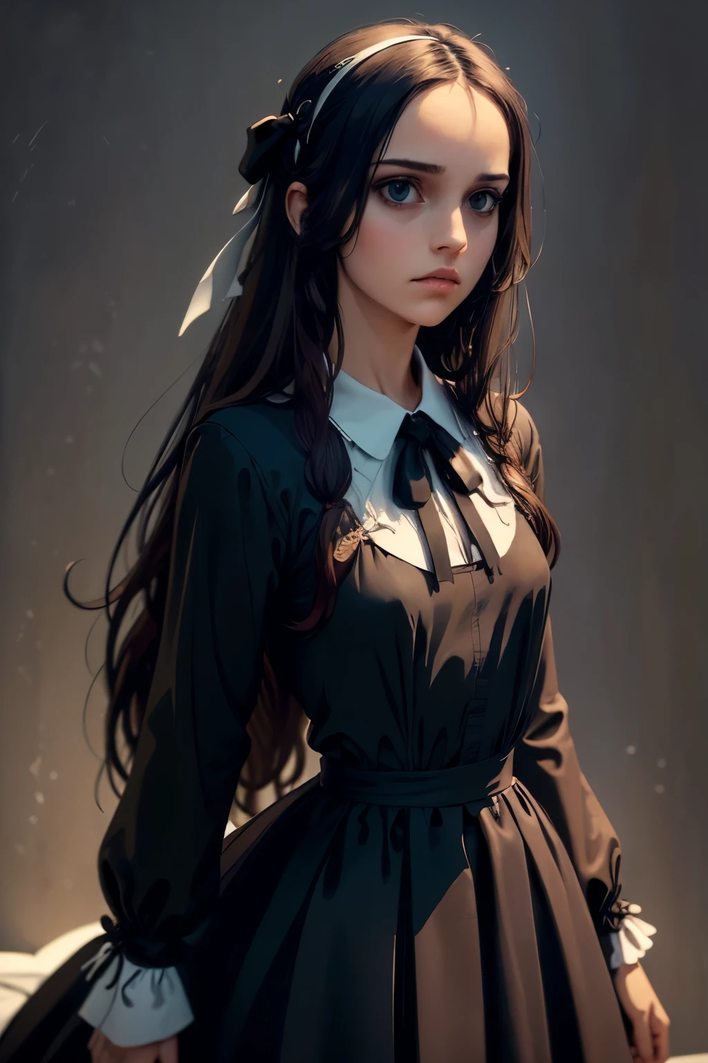 ((masterpiece, best quality)),best aesthetic,1girl, solo, long hair, black dress, flower, ribbon, black background, black hair, rose, hair ribbon, green eyes, long sleeves, white rose, closed mouth, black ribbon, upper body, cinematic lighting