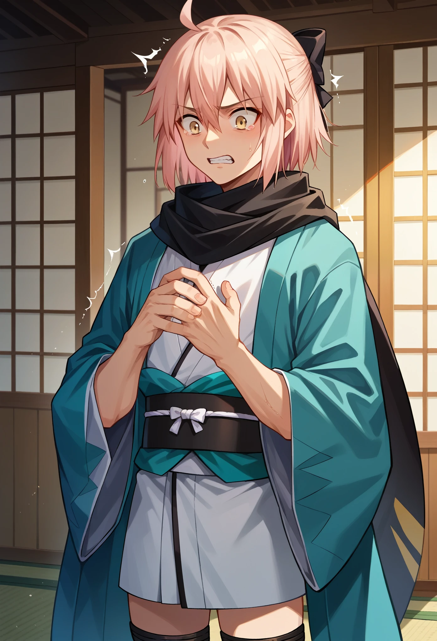 score_9, score_8_up, score_7_up, 1boy, solo, hands on chest, okita souji, ahoge, pink hair, hair between eyes, hair bow, short hair, yellow eyes, black scarf, black bow, japanese clothes, kimono, sash, scarf, black thighhighs, opened hands, standing, scared, shaking,  cowboy shot, looking down, japanese garden