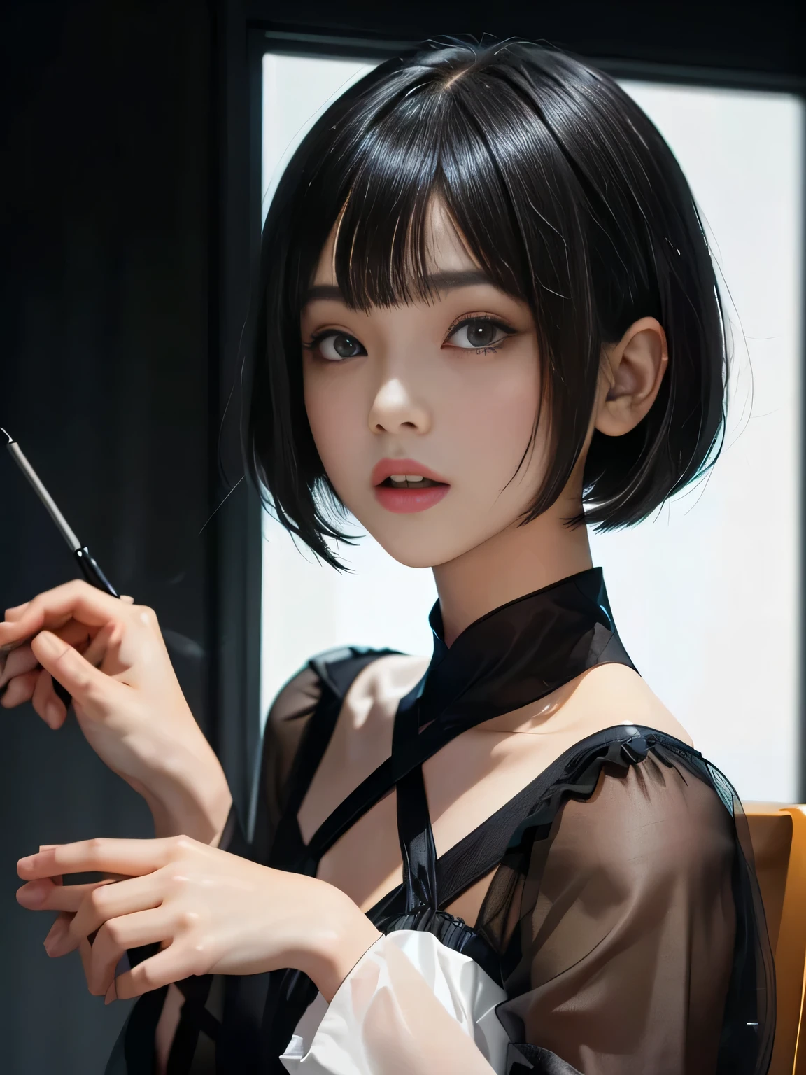 {Negative Space:superior},{{{頭superiorのスペース}}}, {{{Depth of written boundary}}},{Blur the background}{A dark-haired 1 girl is in a beauty salon with a chair}, {short hair}, {with a Bobcut}, {black,Hime cut ヘアー}, {黒 Bobcut ヘアー}, {Hime cut}, , Hime cutヘアー, Short black hair, short hair, bangs, Bobcut, Bobcut , Black bob hair,{{{Simple background:1.6}}}
