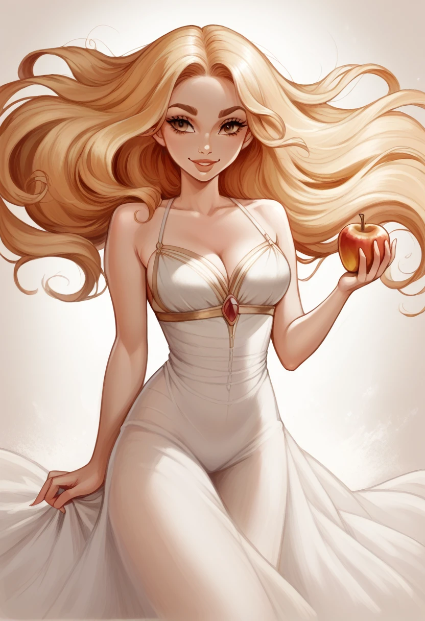 "A stunning figure representing the Greek goddess Aphrodite, with long, flowing golden hair that cascades in soft waves down her back, wearing a sheer, flowing white gown that accentuates her graceful form. She stands with an alluring and confident expression, looking directly at the camera with a slight, captivating smile. A delicate crown of roses adorns her head, and her posture is elegant, with one hand gently resting on her hip and the other lightly holding a golden apple, a symbol of her beauty and allure. The background features a serene, idyllic seaside with soft, rolling waves and a warm, golden sunset, reflecting her connection to love, beauty, and the sea."