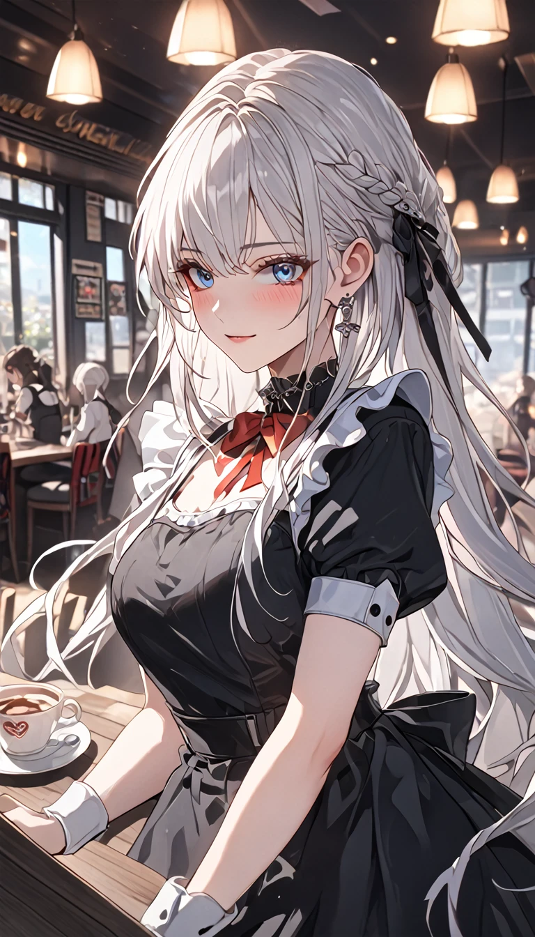 silver hair, anime, anime style, Gothic art, cinematic lighting, social media composition, perspective, UHD, retina, masterpiece, accurate, anatomically correct, textured skin, super detail, high details, high quality, award winning, best quality, highres, 16k, HD, UHD, unaestheticXL_bp5, (negative_v2 Color_Balance_Calibration:0.8), (SuperQuality:1.0) ~ (SuperQuality:1.2), AissistXLv2, badhandv4, red eyes, blue eyes, maid, blush, embrassed, multi colored eyes, maid cafe, elegance