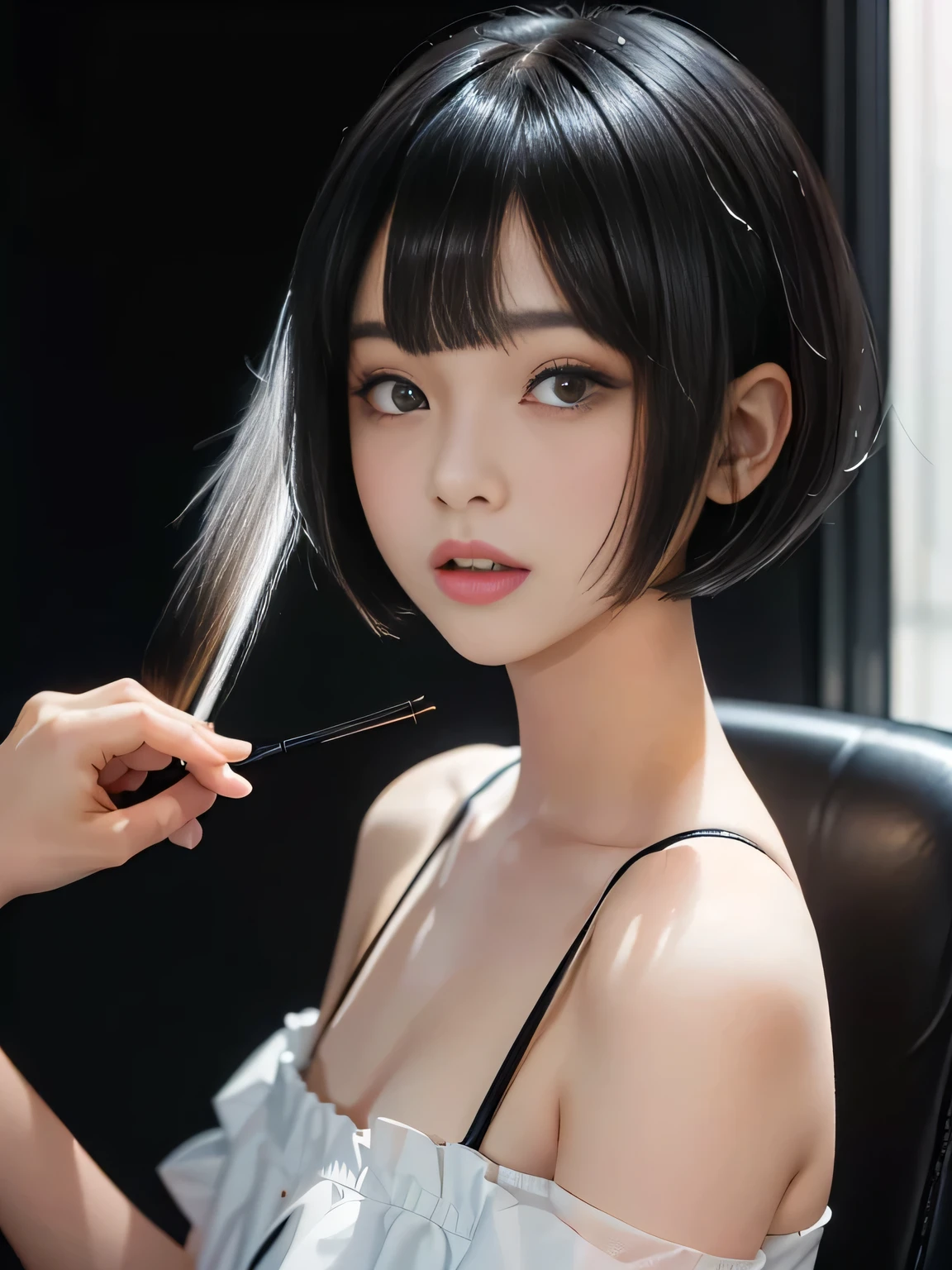 {Negative Space:superior},{{{頭superiorのスペース}}}, {{{Depth of written boundary}}},{Blur the background}{A dark-haired 1 girl is in a beauty salon with a chair}, {short hair}, {with a Bobcut}, {black,Hime cut ヘアー}, {黒 Bobcut ヘアー}, {Hime cut}, , Hime cutヘアー, Short black hair, short hair, bangs, Bobcut, Bobcut , Black bob hair,{{{Simple background:1.6}}}
