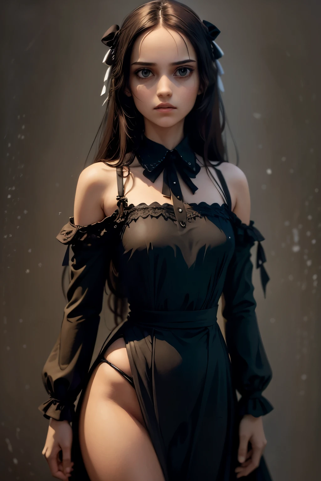 ((masterpiece, best quality)),best aesthetic,1girl, solo, long hair, black dress, flower, ribbon, black background, black hair, rose, hair ribbon, green eyes, long sleeves, white rose, closed mouth, black ribbon, upper body, cinematic lighting