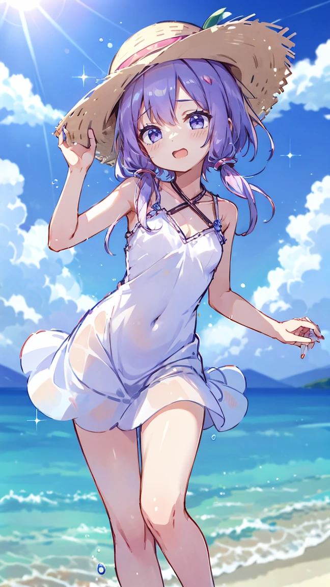 (masterpiece、highest quality、Super detailed)、Earrings、Flat chest、The background is blue sky、Uyuni salt lake、（Brightly colored eyes）、Lens flare、No hoodie、No arm cover、Short back hair、Composition looking from bottom to top、White dress、Straw hat、barefoot、She is wearing nothing but a white dress and a straw hat.、Smiling at the camera、Hold the straw hat you are wearing with your hand、Water splashes sparkle behind me、Water droplets in front of the camera