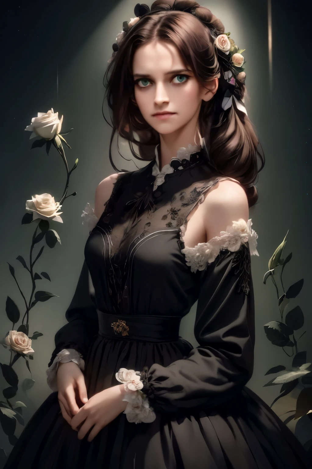 ((masterpiece, best quality)),best aesthetic,1girl, solo, long hair, black dress, flower, ribbon, black background, black hair, rose, hair ribbon, green eyes, long sleeves, white rose, closed mouth, black ribbon, upper body, cinematic lighting