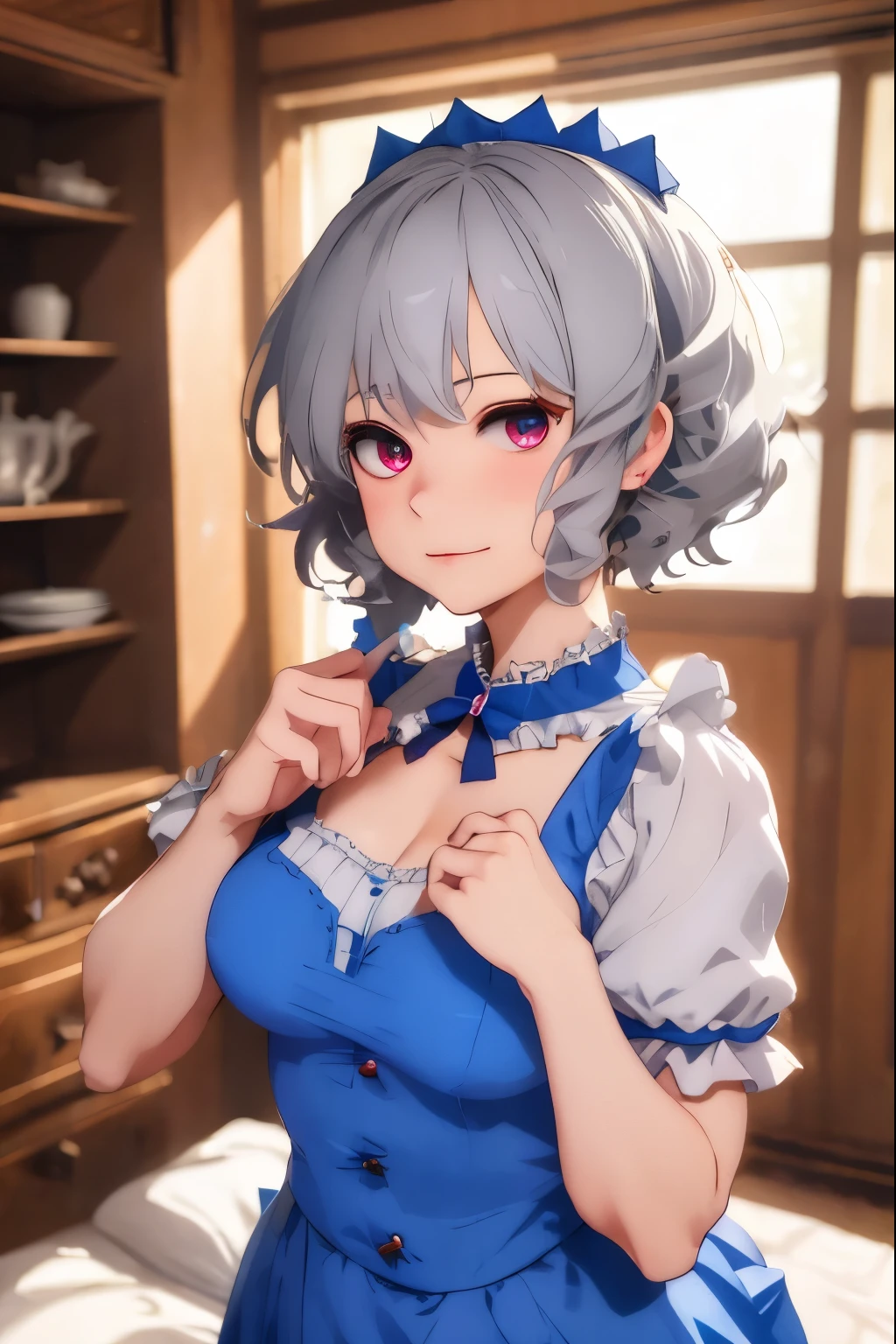 ((16 Nights Sakiya)), ((Touhou Project)), Cosplay, 20-year-old woman, (((gray hair)), ((medium spiky hair)), ((blue maid outfit)), ((white blouse)), midchest, (light)))), (pose))), (photorealistic photo: 1.3), rim lighting, (high detail skin:1.2), 8K UHD, dslr, high quality, high resolution, 4K, 8K, Bokeh, Absurdity, Best ratio four fingers and one thumb, (Real:1.3), Cutest 1 Girl, Lots of Knives