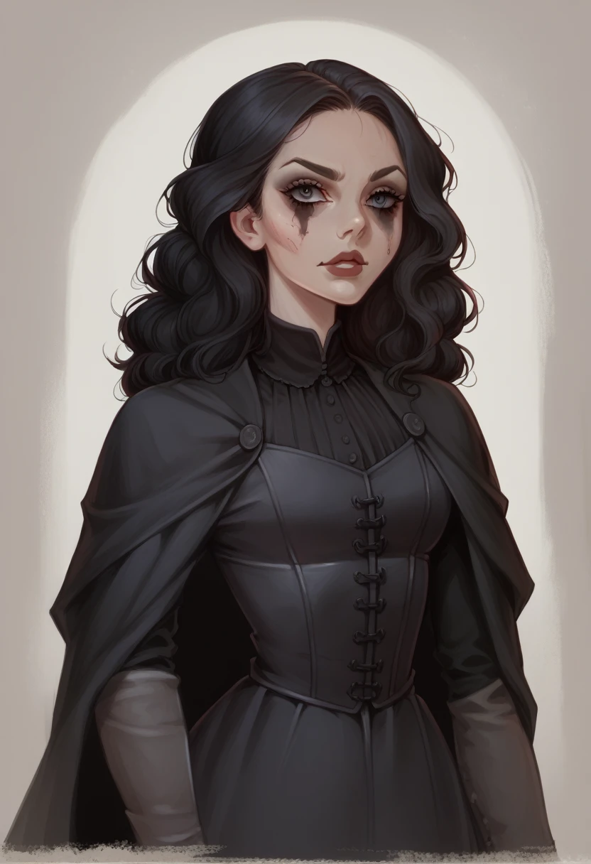 girl, visual novel character, front, black overcoat, gothic theme, medieval, detective, detailed face