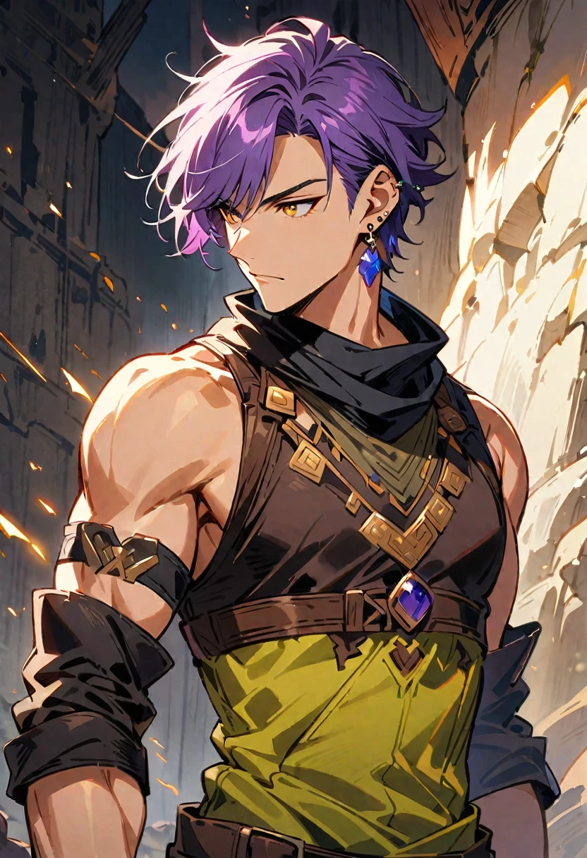 masterpiece, best quality,1 boy, male focus, alone, Gloves, sleeveless shirt, purple hair, yellow eyes, sleeveless, Bangs, black Gloves, fingerless Gloves, swept Bangs, bare shoulders, short hair, elbow Gloves, muscle, ((((((jewelry, earrings)))))), adventure clothes, fantasy design, fantasy style