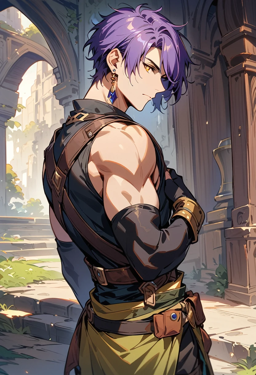 masterpiece, best quality,1 boy, male focus, alone, Gloves, sleeveless shirt, purple hair, yellow eyes, sleeveless, Bangs, black Gloves, fingerless Gloves, swept Bangs, bare shoulders, short hair, elbow Gloves, muscle, ((((((jewelry, earrings)))))), adventure clothes, fantasy design, fantasy style