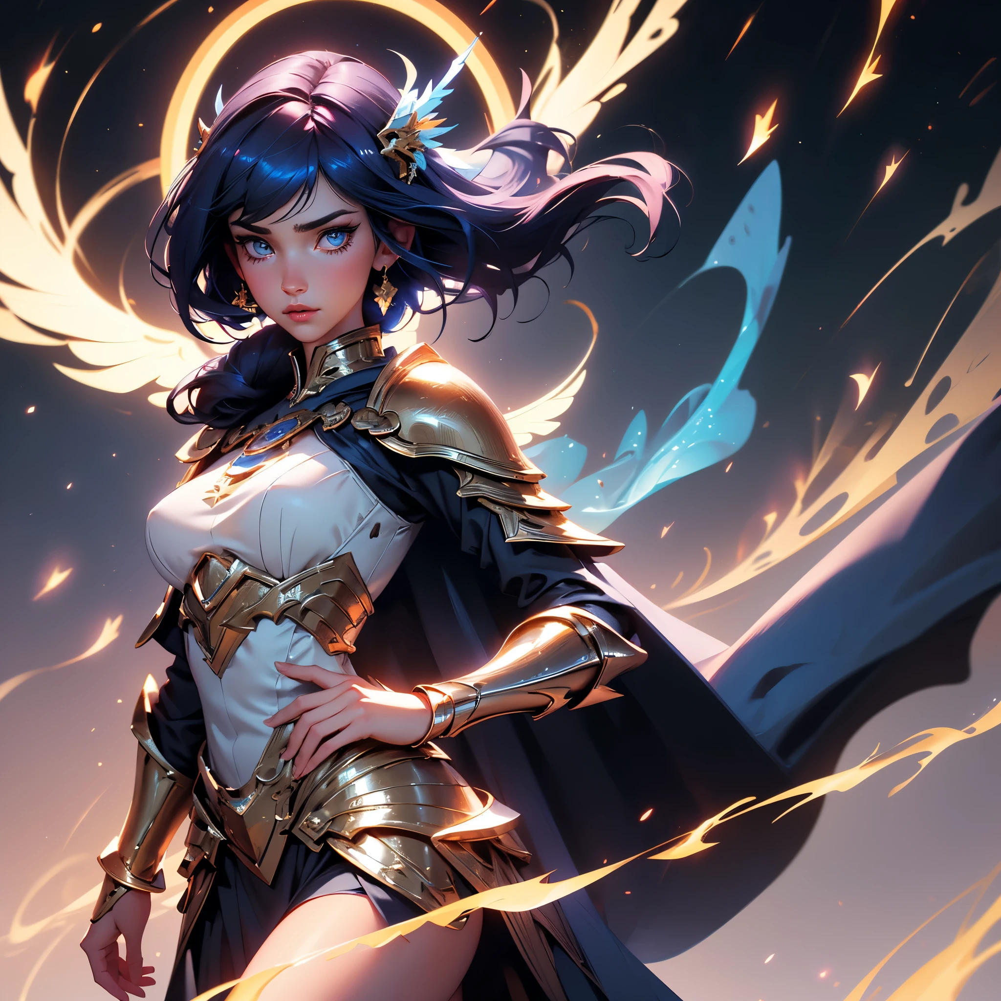 envision a 8k, highres, cinematic, beautiful close up Pinup of a sexy older mature goddess with a strong face, dark blue hair, long bangs, blue eyes, halo, waist wings, heavenly armor, heavenly feather cape, golden aura, magic effects, pale skin, (((1girl))), in dark lighting, against a dark gray background