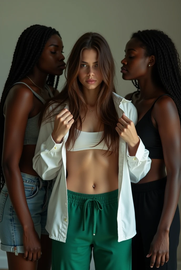 Create a photo of a 30 year old young woman, with a slender and beautiful body, with bare breasts and wearing black sweatpants, with white and clear skin, with long light brown hair, scared as she is being carried in the air and brutally assaulted and pushed to the ground by two angry black age girls, ugly, thin, small, dark black skinned, who wears glasses and a blue dress.
