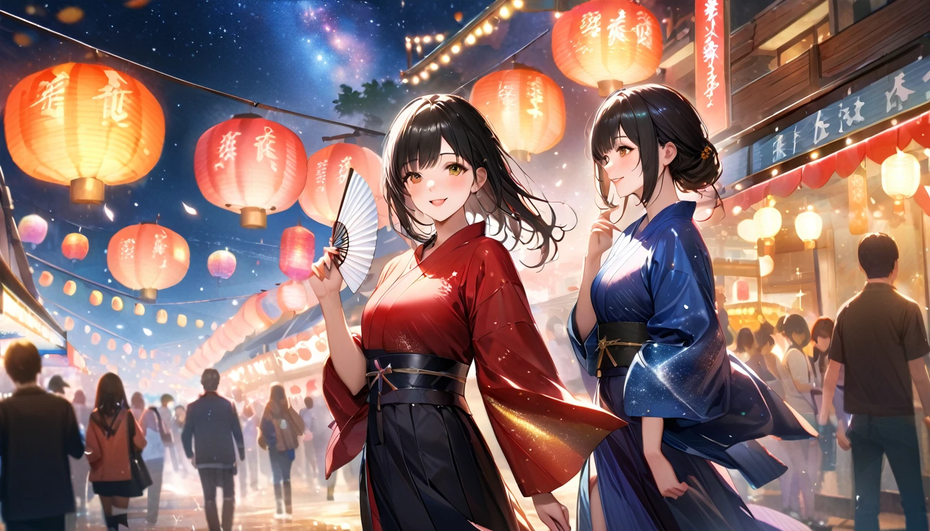 Summer festival,night, Starry Sky,yukata,Having a fan,Gazing at the sky,Blur the background,high school girl,smile,Glitter effect,Highest quality, 8k, High resolution, masterpiece:1.2, Very detailed, Realistic:1.37, High resolution, 超High resolution, Ultra-fine painting, Very detailed, Professional, Vibrant colors