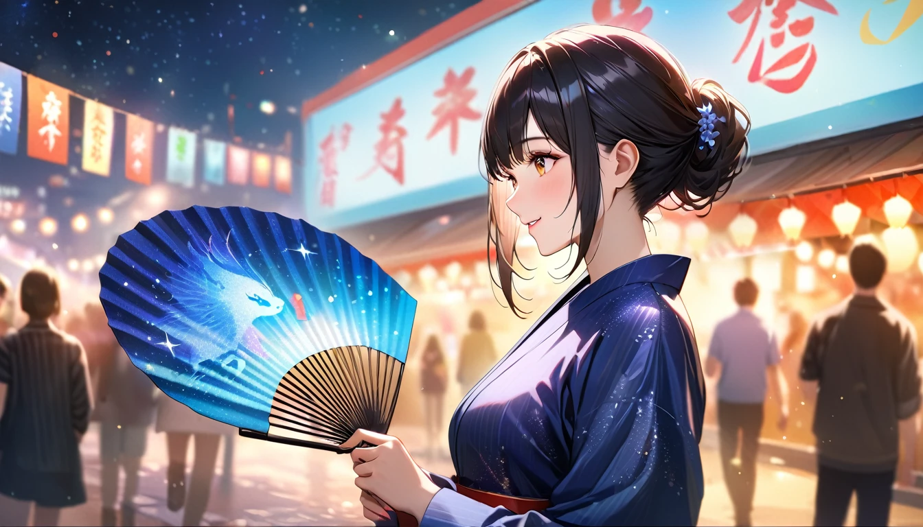 Summer festival,night, Starry Sky,yukata,Having a fan,Gazing at the sky,Blur the background,high school girl,smile,Glitter effect,Highest quality, 8k, High resolution, masterpiece:1.2, Very detailed, Realistic:1.37, High resolution, 超High resolution, Ultra-fine painting, Very detailed, Professional, Vibrant colors