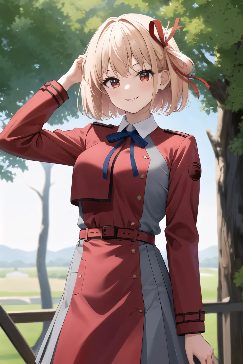 masterpiece, vibrant colours, best quality, detailed, highres, absurdres, score_9, score_8_up, score_7_up, short hair, hair ribbon, breasts, neck ribbon, collared shirt, lycoris uniform, two-tone dress, red dress, grey dress, long sleeves, red belt, standing, cowboy shot, outdoors, smile