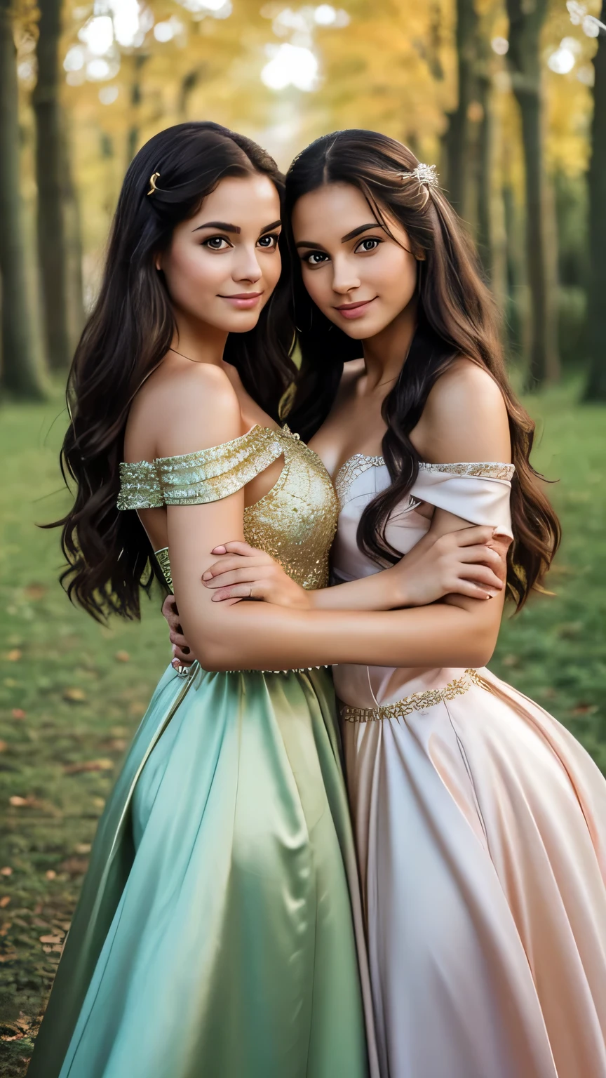 Realistic full body photo of a smiling princess, and a girl, beautiful brunette magic princess and a girl with long hair, She dances in front of the camera in a long princess dress with off-the-shoulder straps made of shiny green satin., crown, Park,glamour fotoshooting, perfect anatomy, perfect brown eyes. Perfect hands with 5 fingers on each hand, suitable woman and girl , Look into the camera, 1 woman and 1 girl. (Eye make up:1.1), (highly detailed skin:1.1), spirit, analog style, keen focus, 8K  UHD, dslr, good quality, Fujifilm XT3, Grain, Award-winning, ​masterpiece. Ball, She holds a long golden staff in her hands. Luminous transformation. She turns a boy into a girl in a pretty dress, Both look stunning