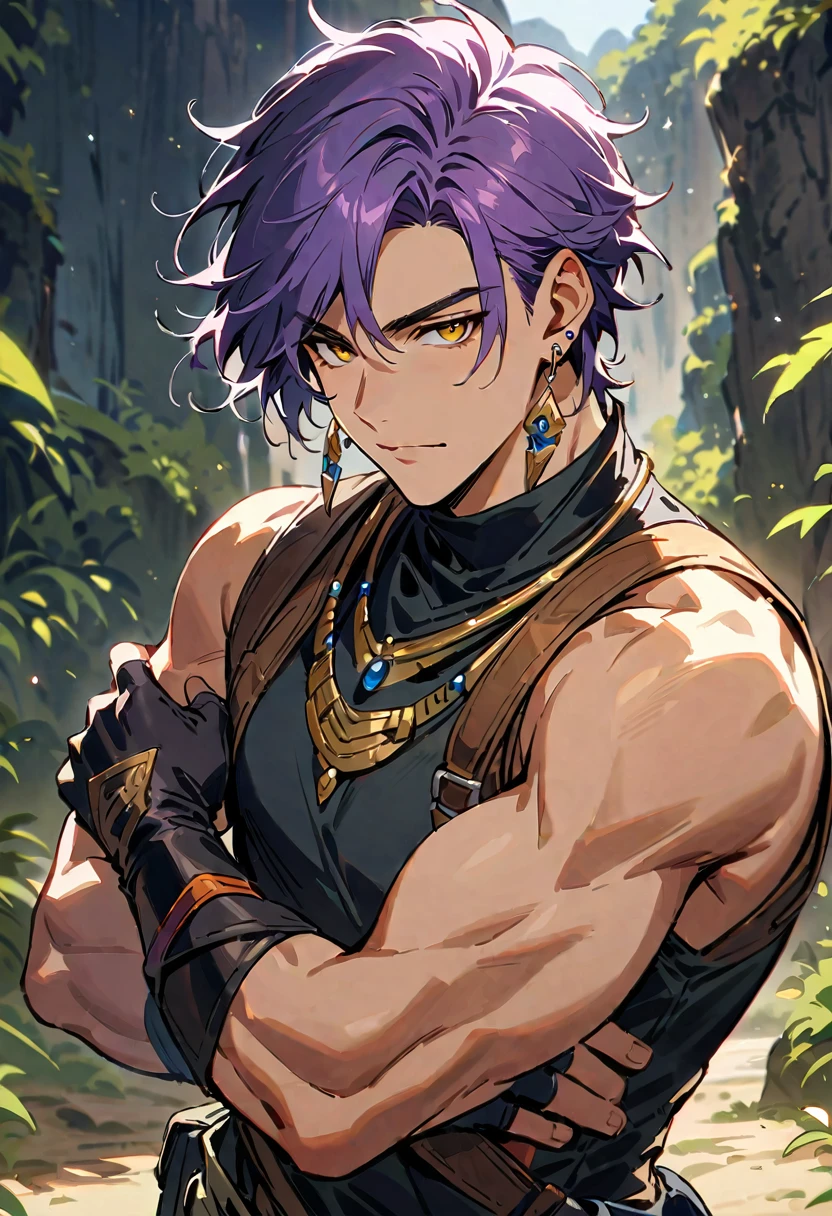 masterpiece, best quality,1 boy, male focus, alone, Gloves, sleeveless shirt, purple hair, yellow eyes, sleeveless, Bangs, black Gloves, fingerless Gloves, swept Bangs, bare shoulders, short hair, elbow Gloves, muscle, ((((((jewelry, earrings)))))), adventure clothes, fantasy design, fantasy style