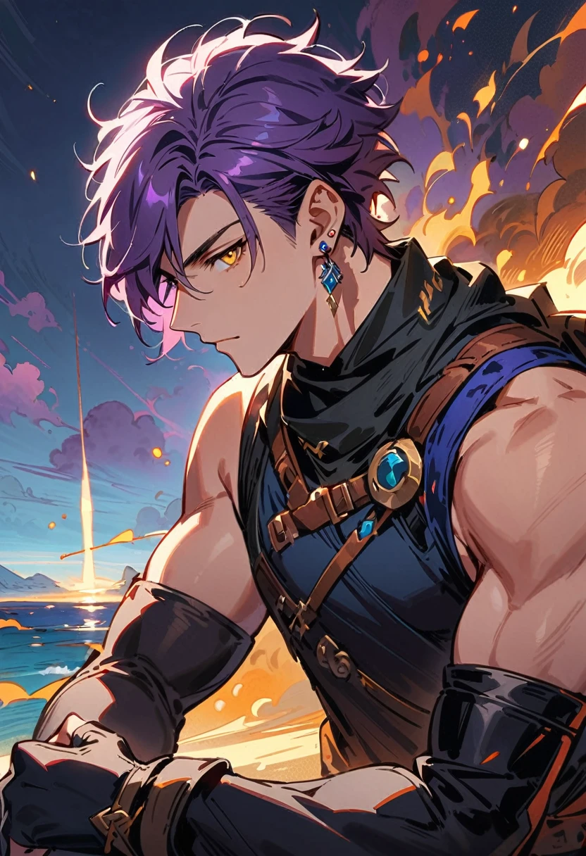 masterpiece, best quality,1 boy, male focus, alone, Gloves, sleeveless shirt, purple hair, yellow eyes, sleeveless, Bangs, black Gloves, fingerless Gloves, swept Bangs, bare shoulders, short hair, elbow Gloves, muscle, ((((((jewelry, earrings)))))), adventure clothes, fantasy design, fantasy style