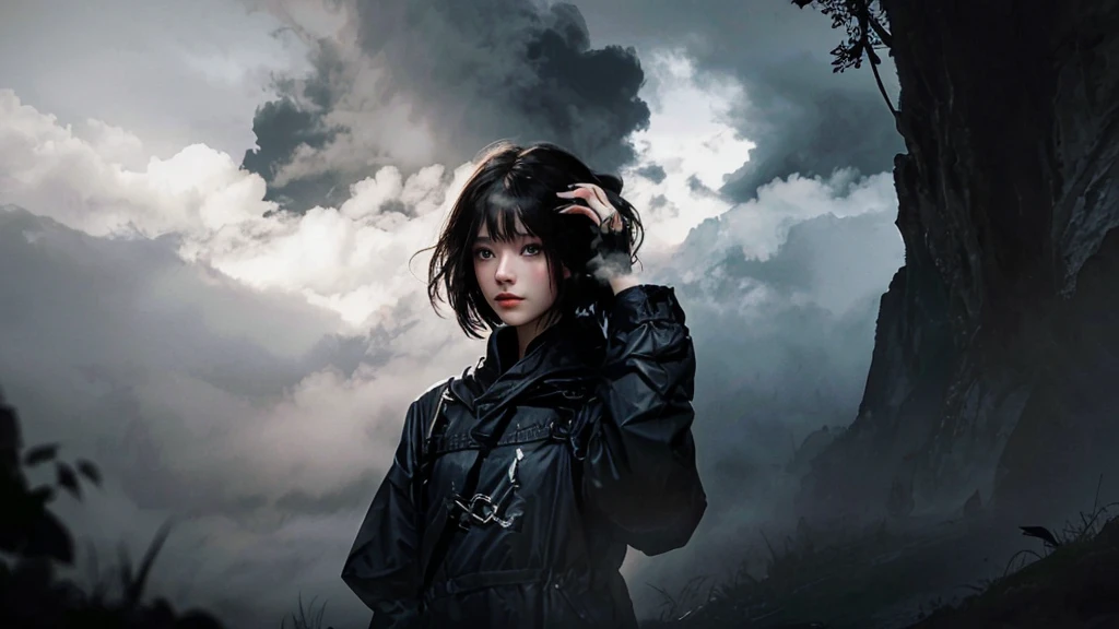 best quality, masterpiece, sunlight passing through hair, 1girl, fantasy, EGirlMakeup, short dark black hair, (fog:1.3)