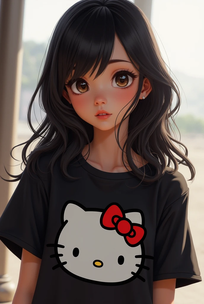 A 13-year-old girl, long black hair and almond-shaped eyes (wearing Hello kitty print clothes), a faint smile.
