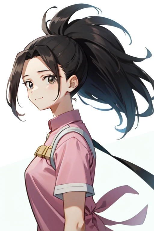 momo mha,yaoyorozu momo,  pink shirt, long hair, smile, upper body, solo, black eyes, looking at viewer, 1girl, shirt, simple background, from side, white background,  ponytail, black hair 