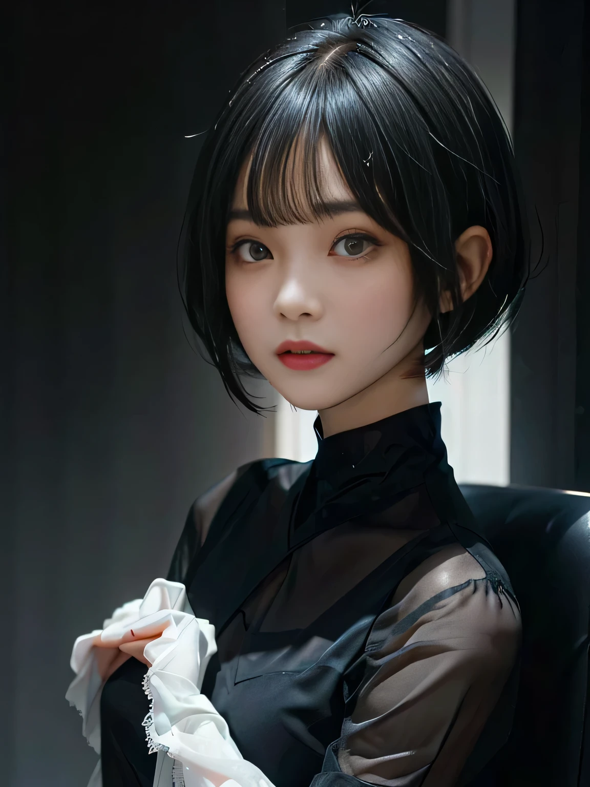 {Negative Space:superior},{{{頭superiorのスペース}}}, {{{Depth of written boundary}}},{Blur the background}}},,{{{{A dark-haired 1 girl sits in a chair}}}}, {short hair}, {with a Bobcut}, {black,Hime cut ヘアー}, {黒 Bobcut ヘアー}, {Hime cut}, , Hime cutヘアー, Short black hair, short hair, {{bangs}}, Bobcut, Bobcut , Black bob hair,{{{Simple background:1.6}}}
