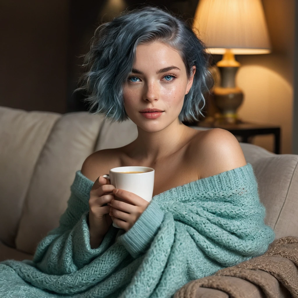 (((Woman, 20 Years Old, Nordic Ethnicity, short blue hair, perfect face, light freckles, Blue-Green Eyes))), ((curled up on a large armchair, legs tucked under her, with a cozy blanket draped over her lap)), (wearing a loose, off-the-shoulder sweater). ((Holding a steaming cup of coffee with both hands, looking directly at the camera with a sultry gaze)), (((soft, dim lighting creating a warm and intimate ambiance))), (cozy living room setting with candles and soft textures). (((Color palette - beige, gold)), (best quality, 8k, masterpiece, ultra-detailed, photorealistic, soft lighting, sharp focus).