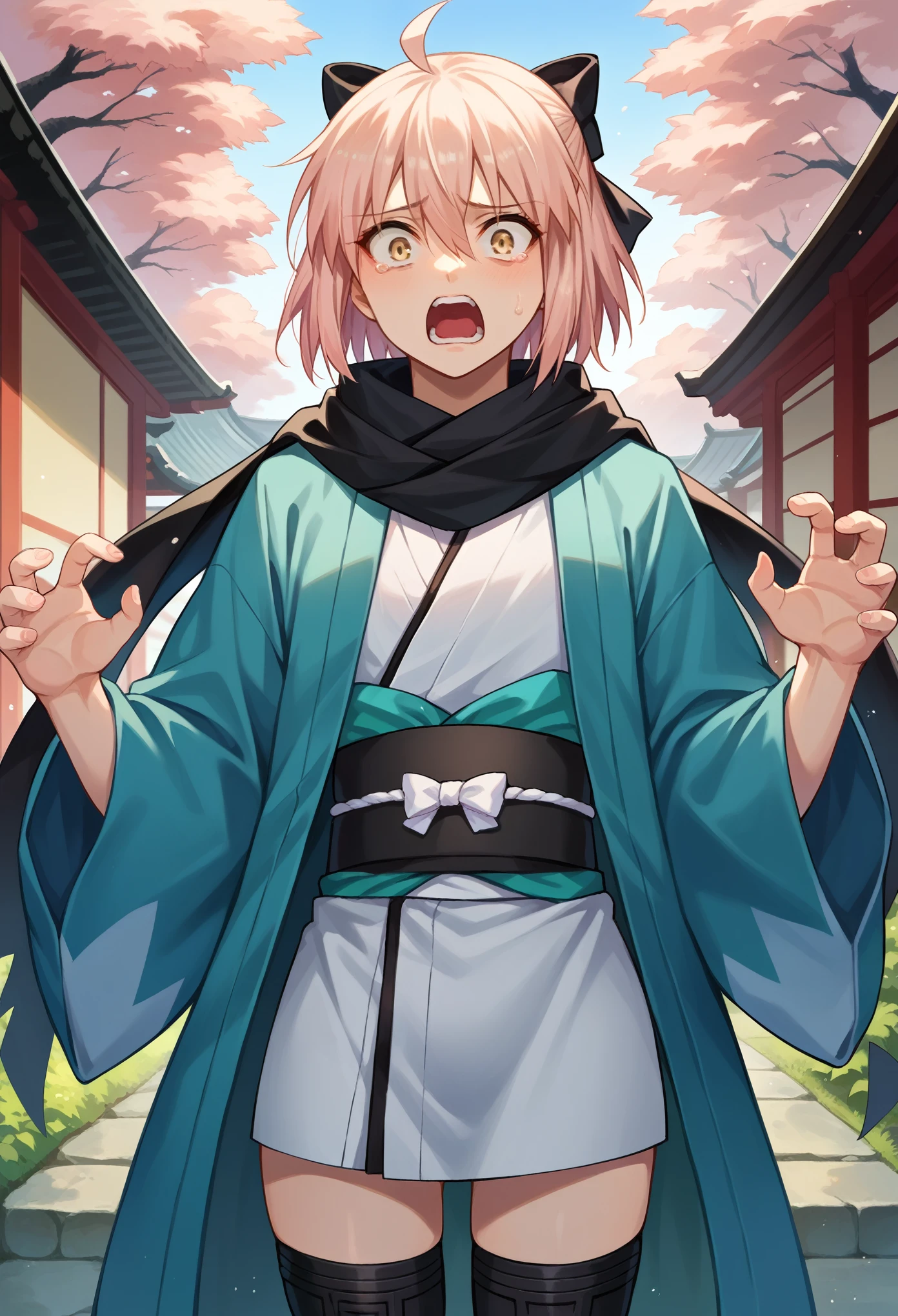 score_9, score_8_up, score_7_up, 1girl, solo, androgynous, okita souji, ahoge, pink hair, hair between eyes, hair bow, short hair, yellow eyes, black scarf, black bow, japanese clothes, kimono, sash, scarf, black thighhighs, opened hands, standing, scared, screaming, cowboy shot, looking down, japanese garden