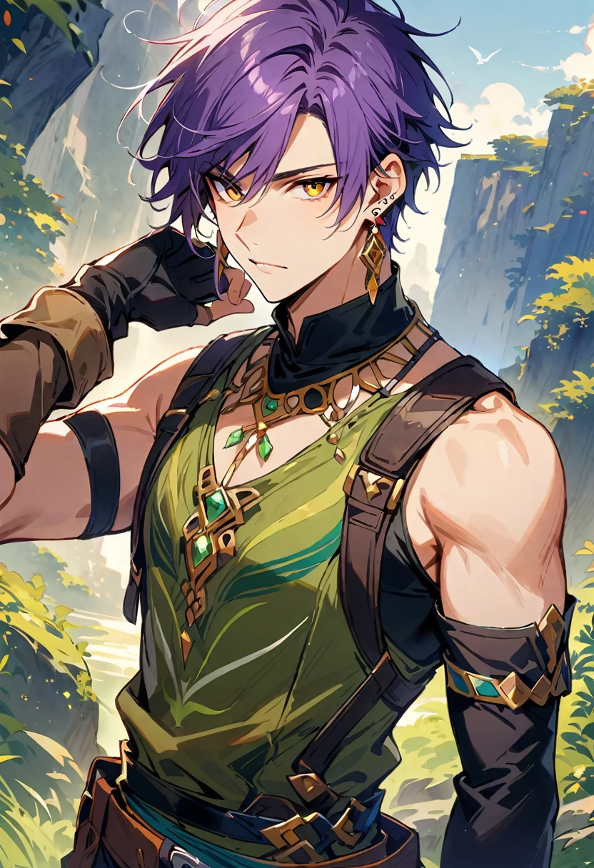 masterpiece, best quality,1 boy, male focus, alone, Gloves, sleeveless shirt, purple hair, yellow eyes, sleeveless, Bangs, black Gloves, fingerless Gloves, swept Bangs, bare shoulders, short hair, elbow Gloves, ((((((jewelry, earrings)))))), adventure clothes, black and green fantasy design, fantasy style