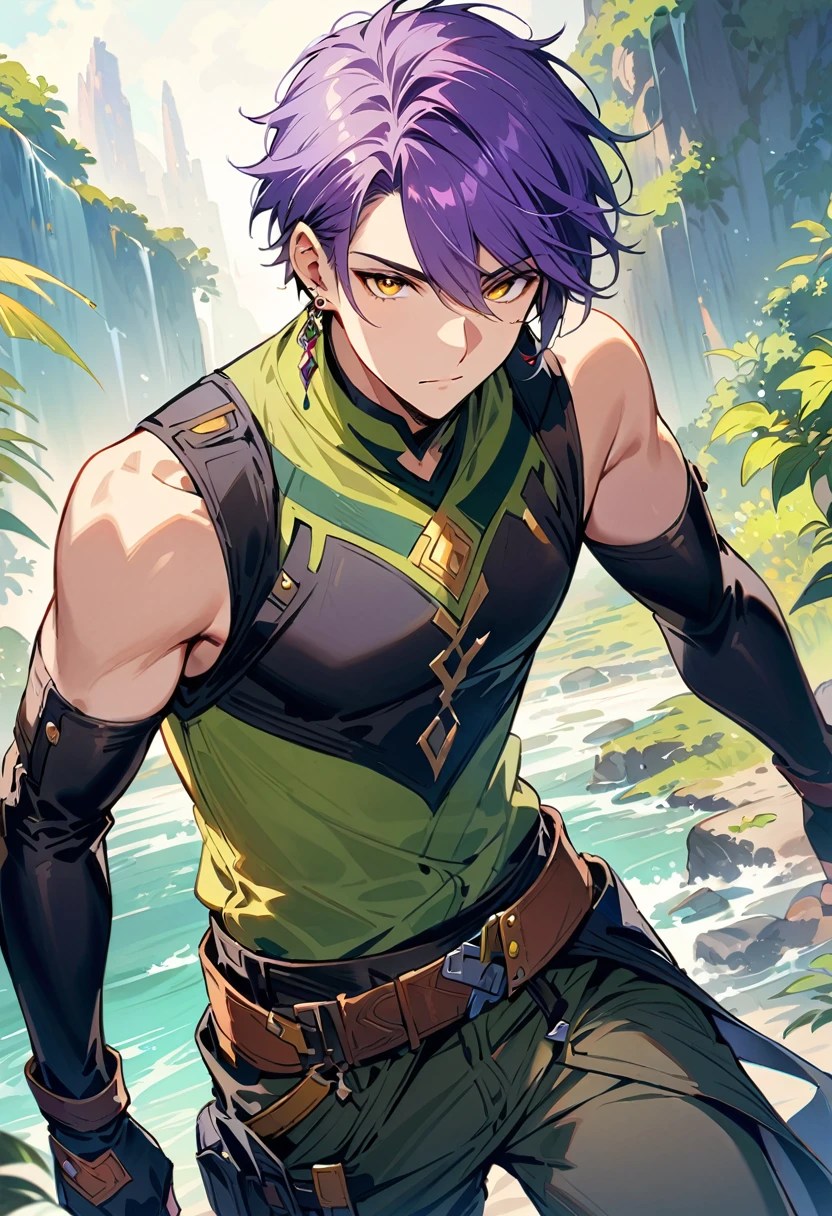 masterpiece, best quality,1 boy, male focus, alone, Gloves, sleeveless shirt, purple hair, yellow eyes, sleeveless, Bangs, black Gloves, fingerless Gloves, swept Bangs, bare shoulders, short hair, elbow Gloves, ((((((jewelry, earrings)))))), adventure clothes, black and green fantasy design, fantasy style