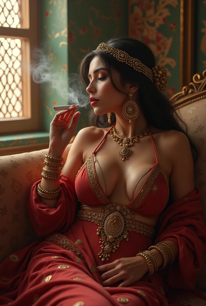 Arafe woman wearing a sari and necklace, Complex sets, Bejeweled, Wearing complicated clothes, Exquisite Jewelry, with Intricate details, Elaborate costumes, Wear elegant jewelry, Intricate details. from the front, Black Jewelry, Jewelry made with attention to detail, high Intricate details, Hand Jewelry Model Photos, Close-up portrait, Complex beauty, Exquisite Jewelry, side view Intricate details, masterpiece, 最high quality, high quality, High resolution, Beautiful Face、(Realistic Face)、Realistic eyes、Beautiful detailed eyes、Realistic Skin、Beautiful Skin、Ultra-realistic、Very detailed、Beautiful lighting、Sharp focus、Various poses、超Detailed face、Detailed Iole Hair、Brown Hair、Long Hair、Beautiful hairstyle、Detailed face、Exposed breasts、Cleavage、(Big Breasts)、Incredibly stupid, It seems ridiculous., (((In a suspicious underground bar)))、(((Smoke a hookah,Smoke a waterpipe:1.3)),kneeling on one leg,full figure supermodel standing, entire body in frame