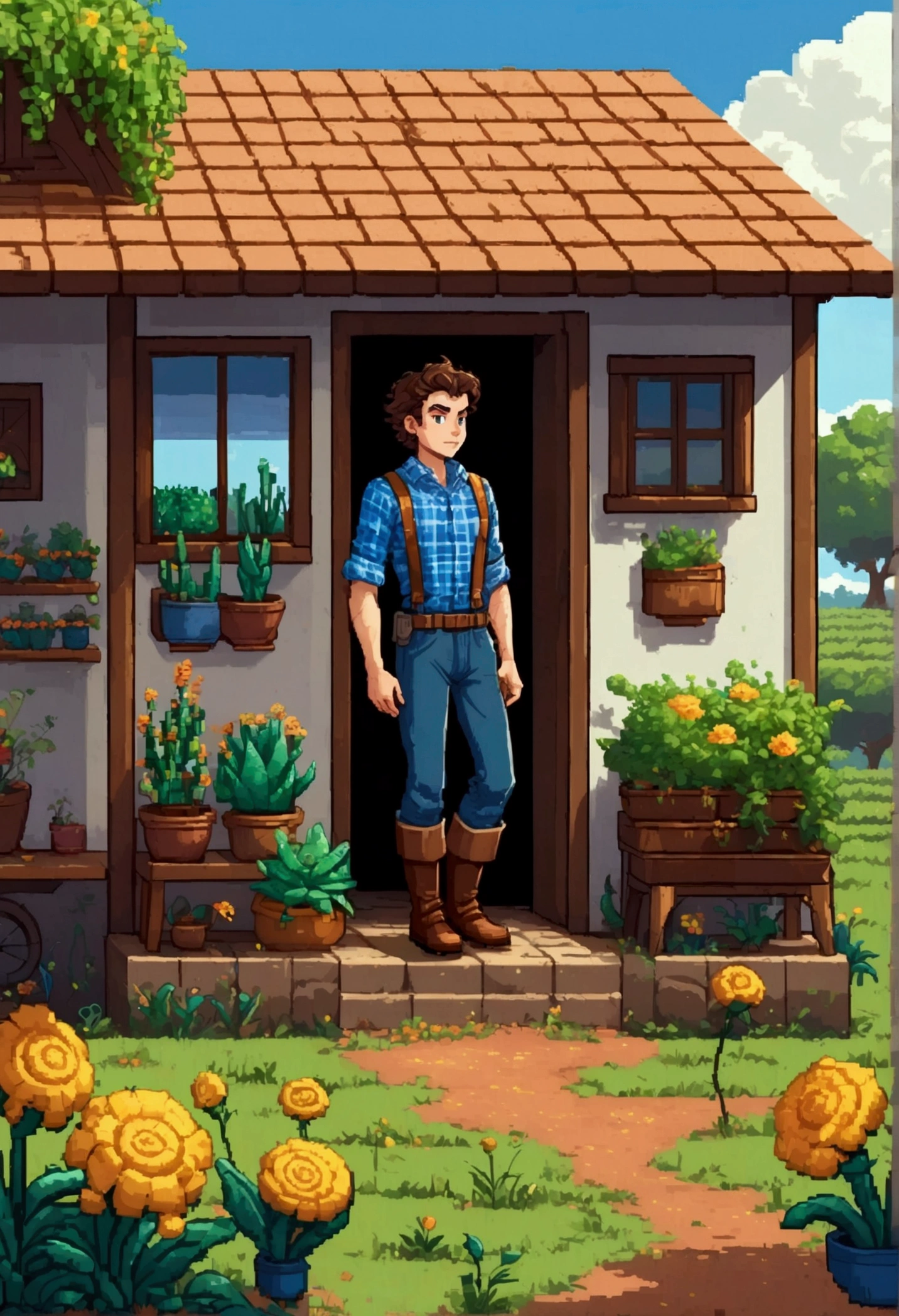 pixel art style, Scenario, Sunnyday, Very beautiful typical Brazilian farm house, a small farm, in it there is a young adult with brown hair and a quiff, blue plaid shirt, black shorts and a cool brown boot, cultivating strange plants he found on his explorations.