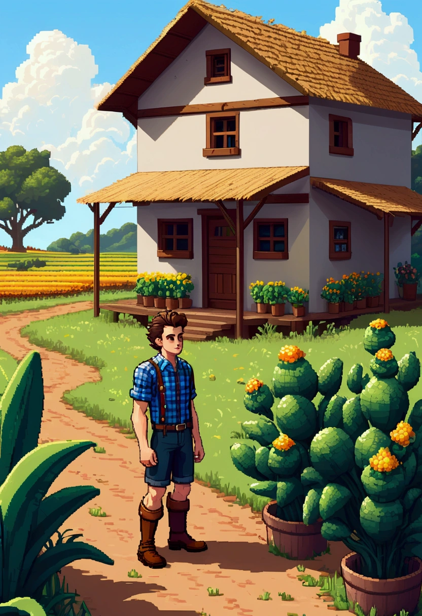 pixel art style, Scenario, Sunnyday, Very beautiful typical Brazilian farm house, a small farm, in it there is a young adult with brown hair and a quiff, blue plaid shirt, black shorts and a cool brown boot, cultivating strange plants he found on his explorations.