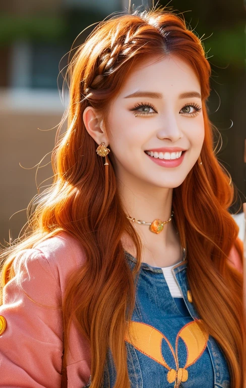 huge ecstatic smile, Portrait of a sweet casual look hairstyle for spring and summer, a close up of a realistic person at the age of 22 with a huge ecstatic smile with showing teeth, cute face, round cheeks and tailed heart and cupid shaped glossy lips, choppy bangs, two-tone hair (chestnut orange and chestnut orange-red gradient hair color), half chestnut orange and half red hair: 1.2, long sideburns, layered shoulder length hair cascading down her shoulders, (Wavy hair:1.3), braided buns, black_mascara put in Long eyelashes:1.5, dark (eyesshadows:1.35), (Glossy) red_lips:1.24, ((pink_makeup cheeks:1.2)), t creates a bright and fun appearance, orange Long Sleeve Super Crop, army green bomber jacket with patches and pins on it, numerous piercings, Cross Pendant Tassel Dangle Earrings, Retro Velvet Butterfly Choker Necklace 