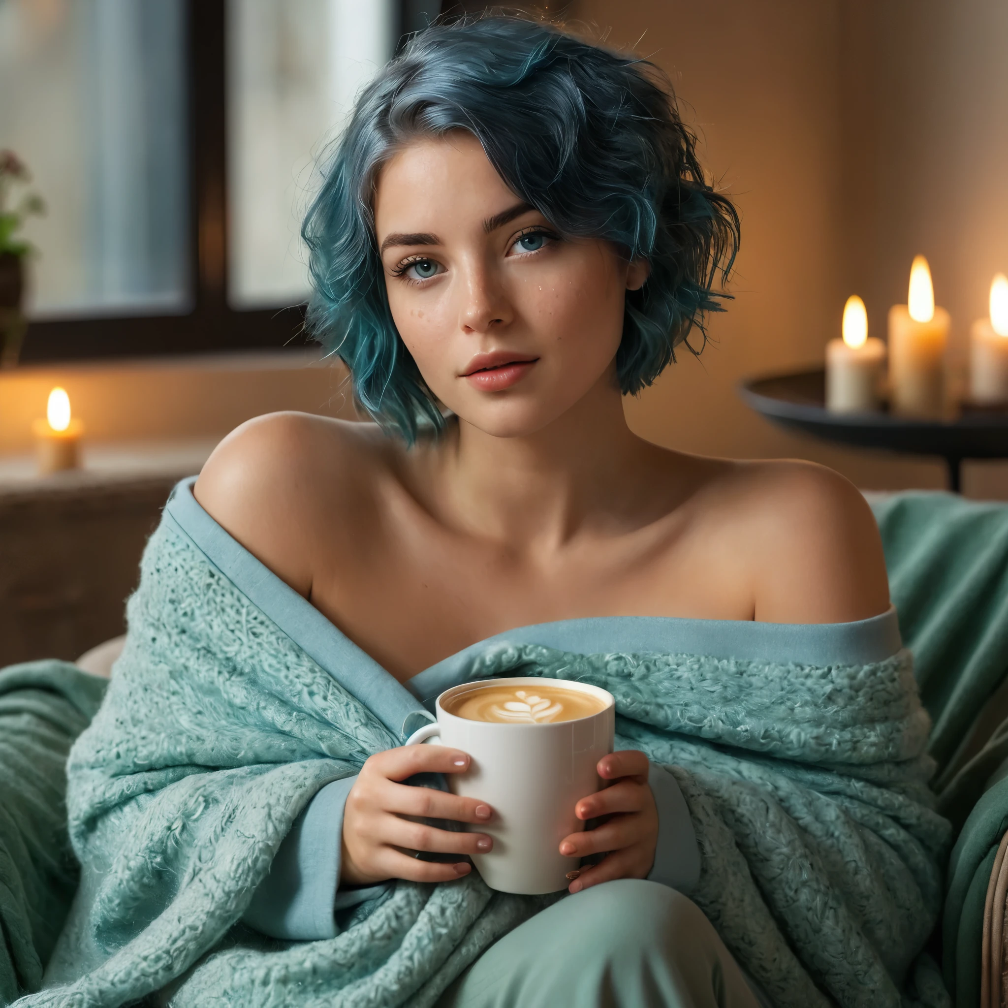 (((Woman, 20 Years Old, Nordic Ethnicity, short blue hair, perfect face, light freckles, Blue-Green Eyes))), ((curled up on a large armchair, legs tucked under her, with a cozy blanket draped over her lap)), (wearing a loose, off-the-shoulder sweater). ((Holding a steaming cup of coffee with both hands, looking directly at the camera with a sultry gaze)), (((soft, dim lighting creating a warm and intimate ambiance))), (cozy living room setting with candles and soft textures). (((Color palette - beige, gold)), (best quality, 8k, masterpiece, ultra-detailed, photorealistic, soft lighting, sharp focus).