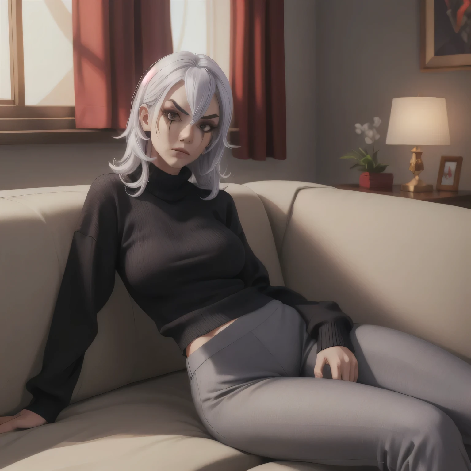 Sally Whitemane, black sweater, gray light pants, resting on a couch, cozy bedroom