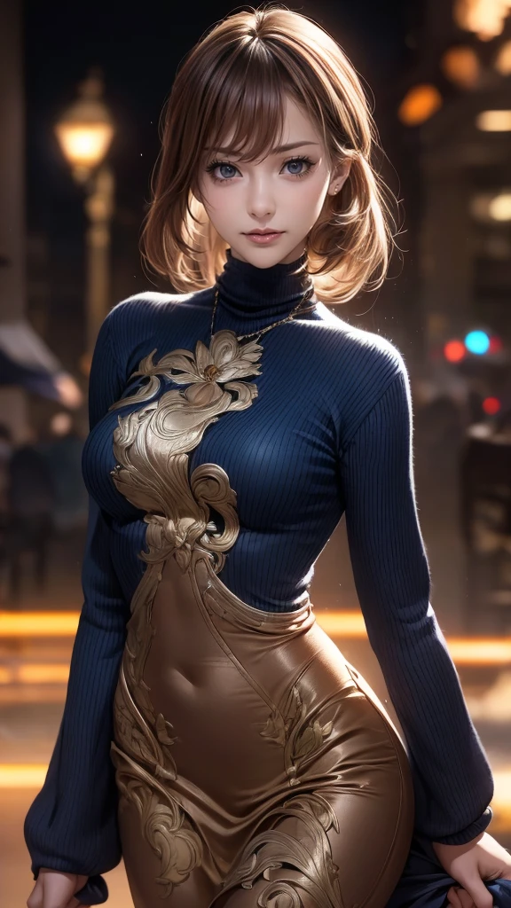 one 1 girl, (Light dark blue turtleneck sweater), Raw photo, highest quality, photorealistic, very delicate and beautiful, very detailed, 8K wallpaper, High resolution, soft light, very detailed目と顔, beautifully detailed nose, detailed and beautiful eyes, cinematic lighting, night city lights, perfect anatomy, slender body, well-shaped chest, straight hair, smile, asymmetrical bangs, light brown hair