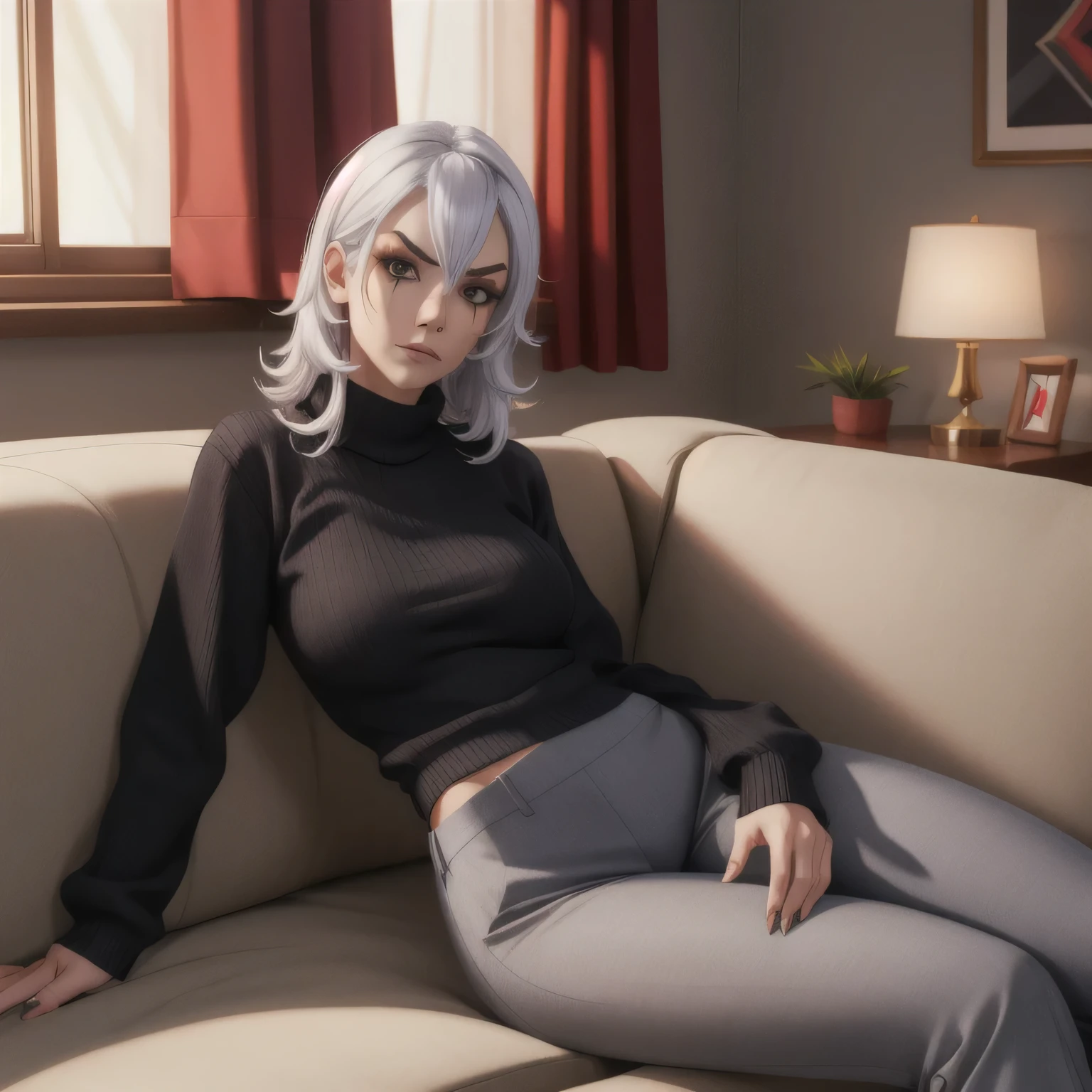 Sally Whitemane, black sweater, gray light pants, resting on a couch, cozy bedroom