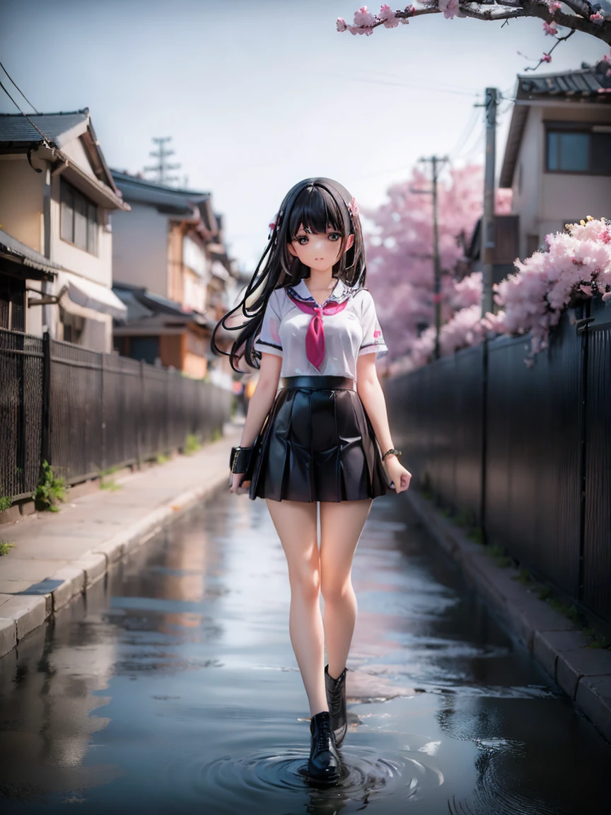 1girl, black skirt, branch, building, chain-link fence, cherry blossoms, fence, long hair, outdoors, petals, pleated skirt, rain, shirt, short sleeves, skirt, solo, standing, tree,
sky,street