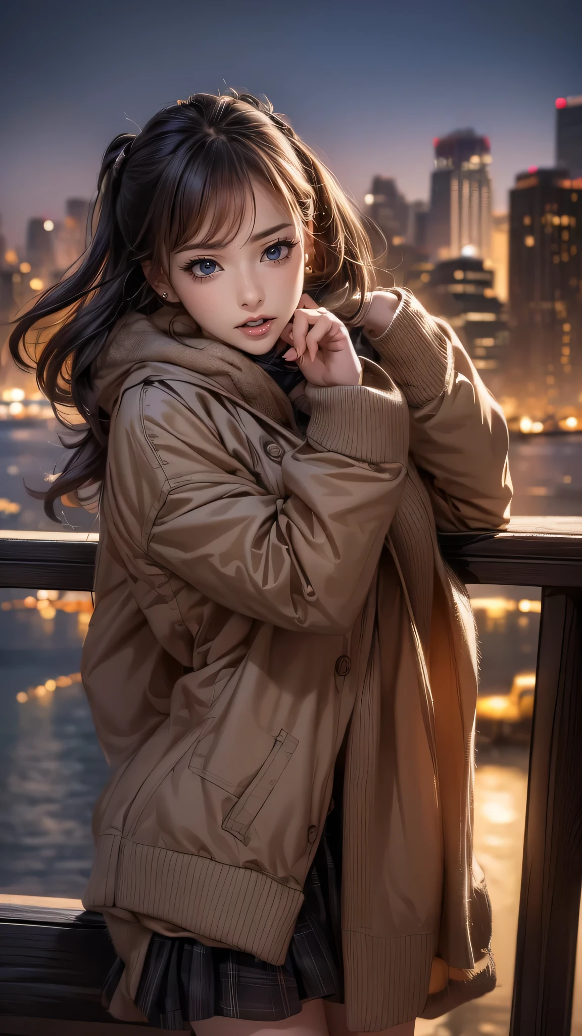 high-definition images, atmospheric perspective, 8k, super detail, accurate, best quality, a woman, see the Manhattan from across the river, winter clothes, looking away, angle from below, (drooping eyes), (sleepy face), earrings, many people pass, got drunk, open mouth,