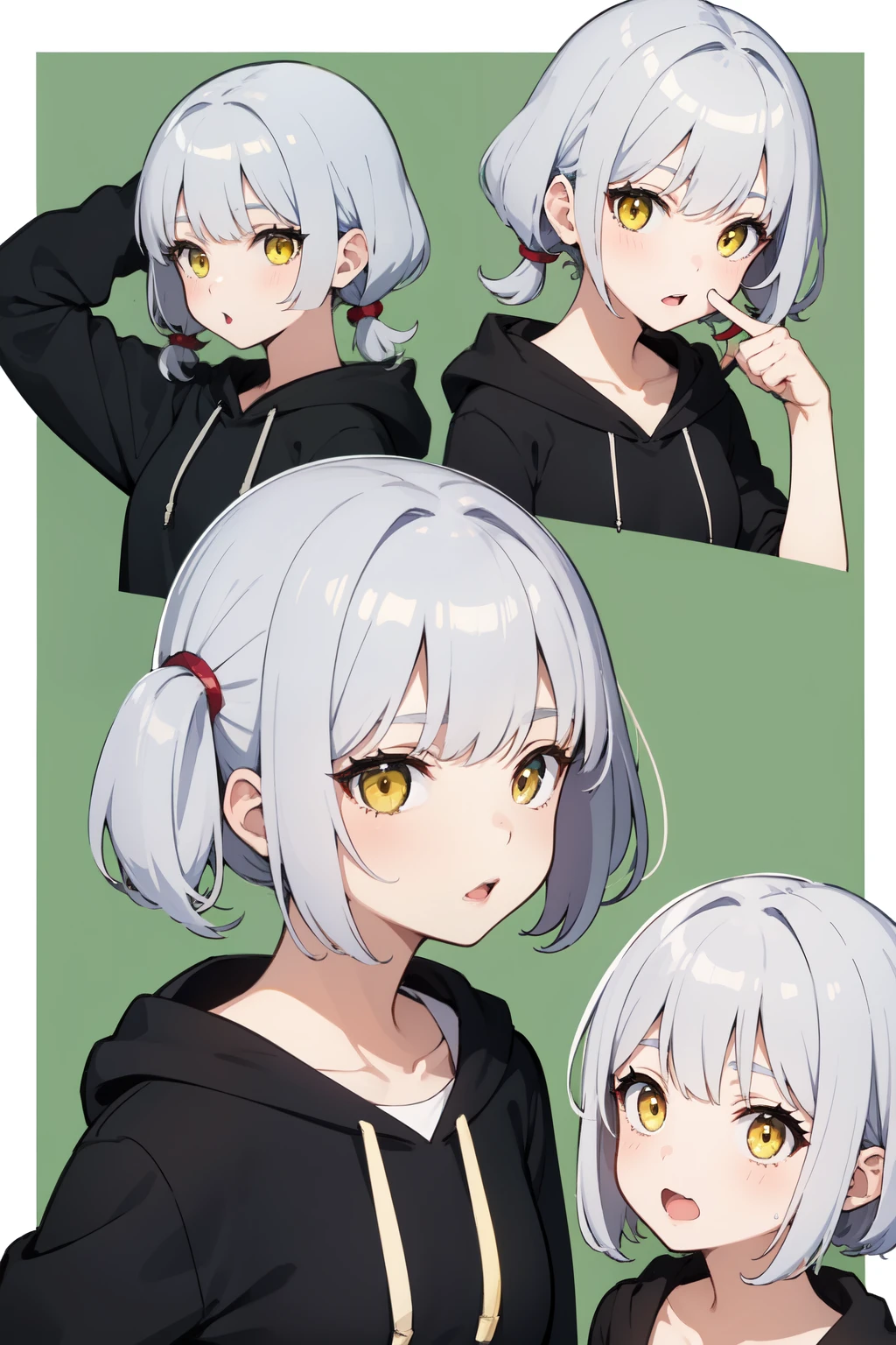 Green background、１７A girl about the age、short hair、Twin tails、Silver white hair color、Yellow Eyes、Mouth open、Wearing a hoodie、whole body、I&#39;m being careful