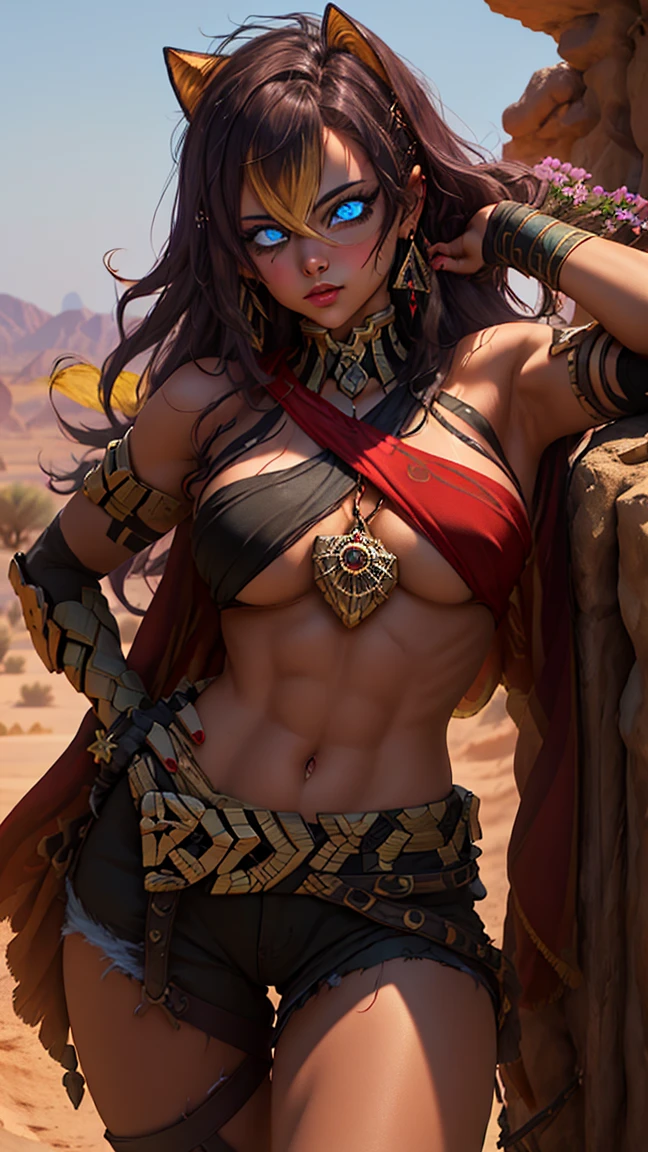 (masterpiece:1.2), best quality, high resolution, unity 8k wallpaper, (illustration:0.8), (beautiful detailed eyes:1.6), extremely detailed face, perfect lighting, extremely detailed CG, (perfect hands, perfect anatomy), leaning forward showing her chest, sexy, NSFW, blush, looking at viewer, small boobs, sexy pose, (in a twilight oasis), (ancient desert). Take care to draw hands with no errors, (no_bad_hands, no_bad_eyes, no_bad_body).